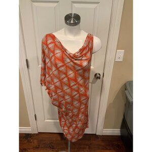 BCBG Max Azria Kesi Orange, Tan & White Geometric Print One Sleeve Dress Size L